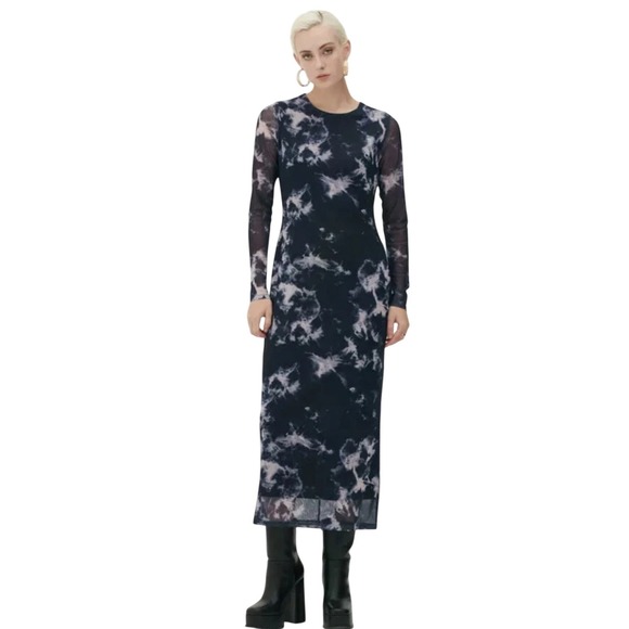 Rita Ora by Primark Long Sleeve Mesh Midi Dress Blue Acid Wash Tie Dye USA 10-12 - Picture 1 of 12